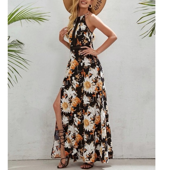 Boho Floral Print Criss Cross Lace Maxi Dress Cottagecore XS S M L 1X 2X 3X 4X - Picture 5 of 6